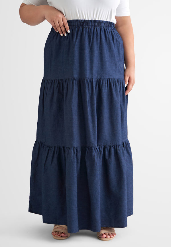 Taini A-Line Flowy Tiered Denim Skirt