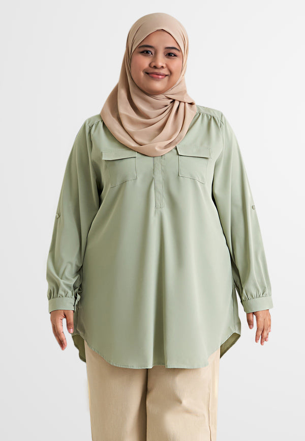 Betty Stand Collar Half Button Pocket Blouse