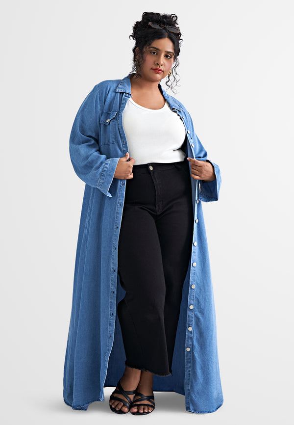 Dalyah Denim Belted Long Trench Dress