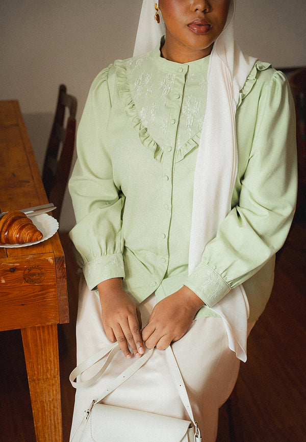 Milda Frill Floral Embroidery Button Blouse