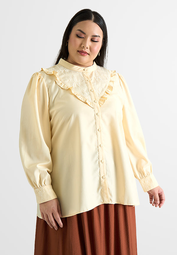 Milda Frill Floral Embroidery Button Blouse