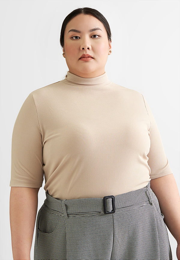 Rosalyn Ribbed Short Sleeve Turtleneck Top - Beige