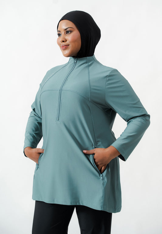 Swift High Neck Half Zip Active Top - Olive Green
