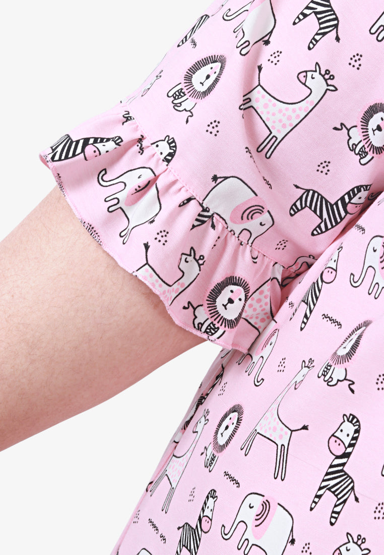 Fritzy Cute Frilly Short Sleep Dress - Pink Animals