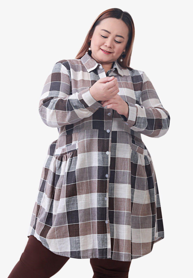 Bethany Pocket Checkered Long Shirt - Brown