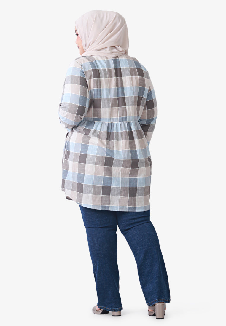 Bethany Pocket Checkered Long Shirt - Blue