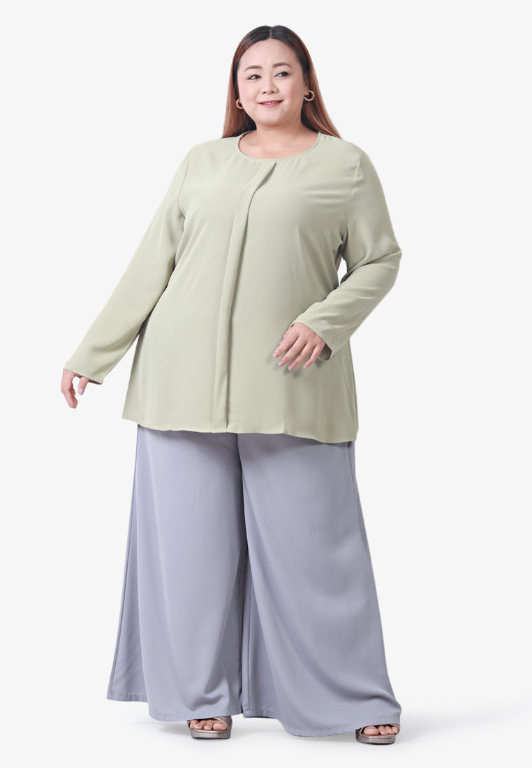 Nedia Front Pleated Long Sleeve Blouse - Light Green