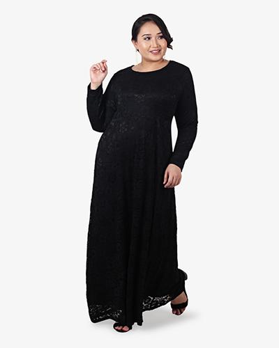 Liyana Long Floral Lace Dress - Black