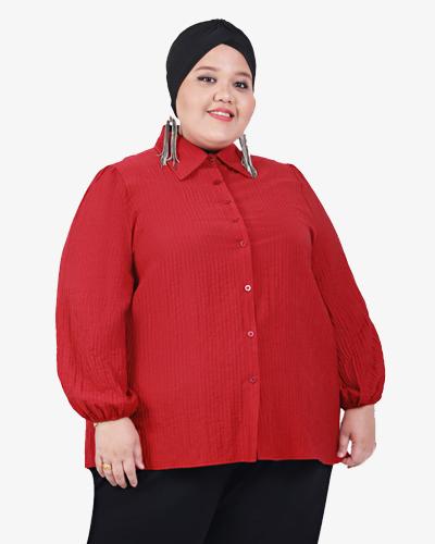 Sallie Puff Sleeve Striped Collar Shirt - Brick Red