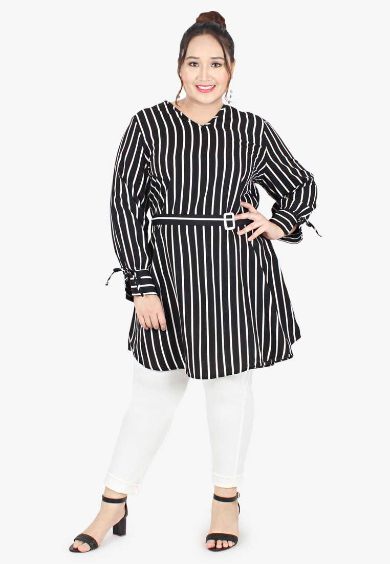 Violetta Belted Striped Long Blouse  - Black