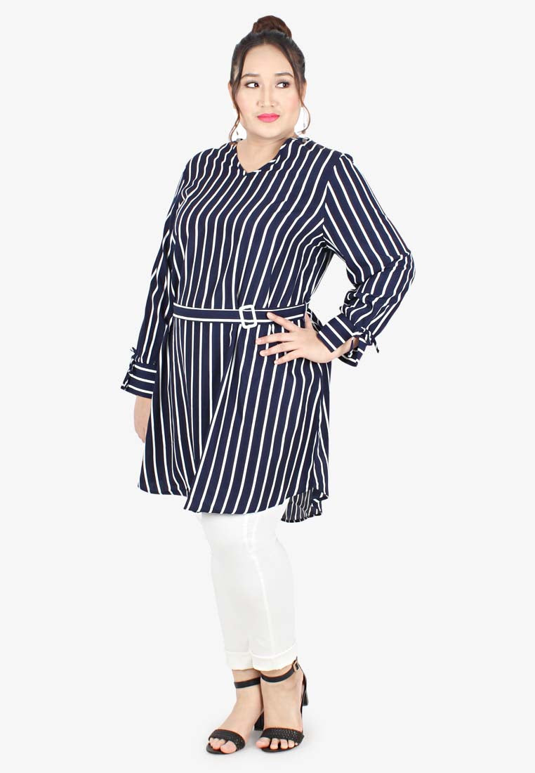 Violetta Belted Striped Long Blouse  - Blue