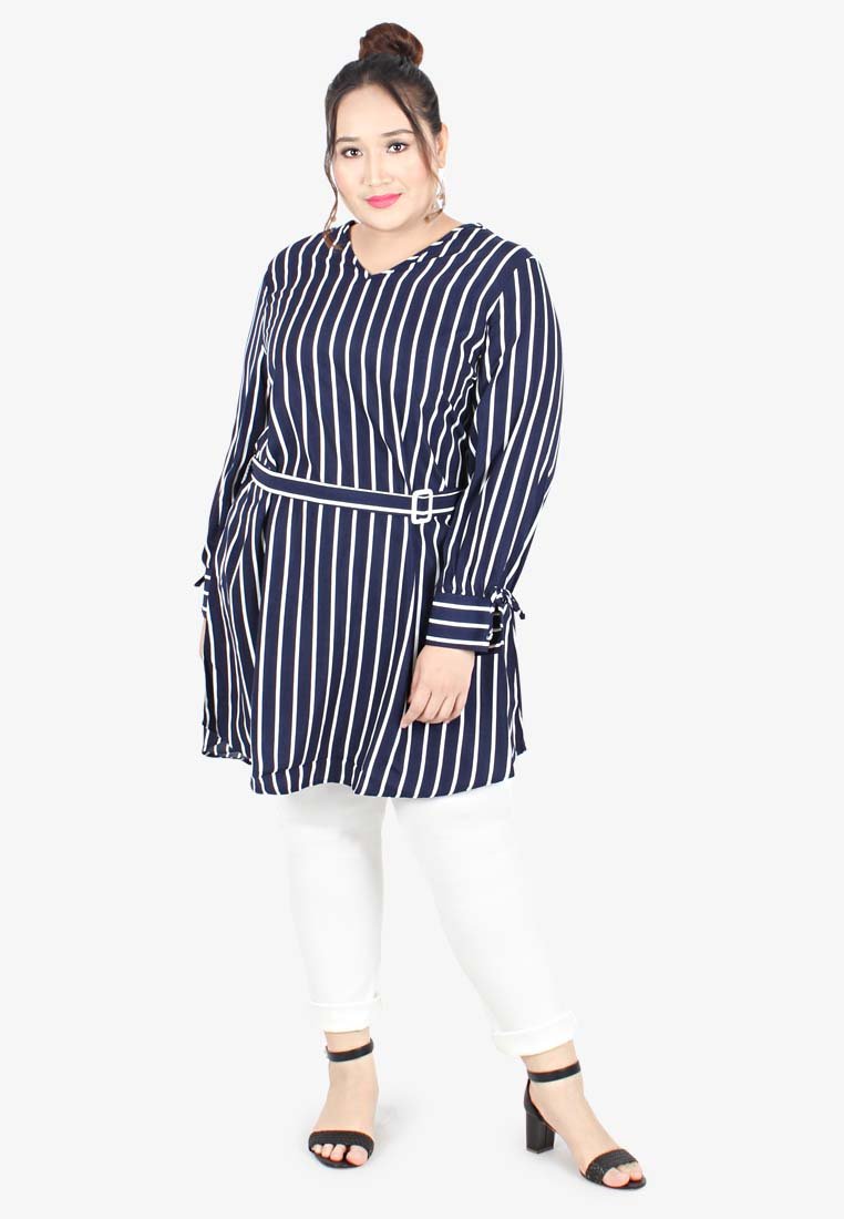 Violetta Belted Striped Long Blouse  - Blue