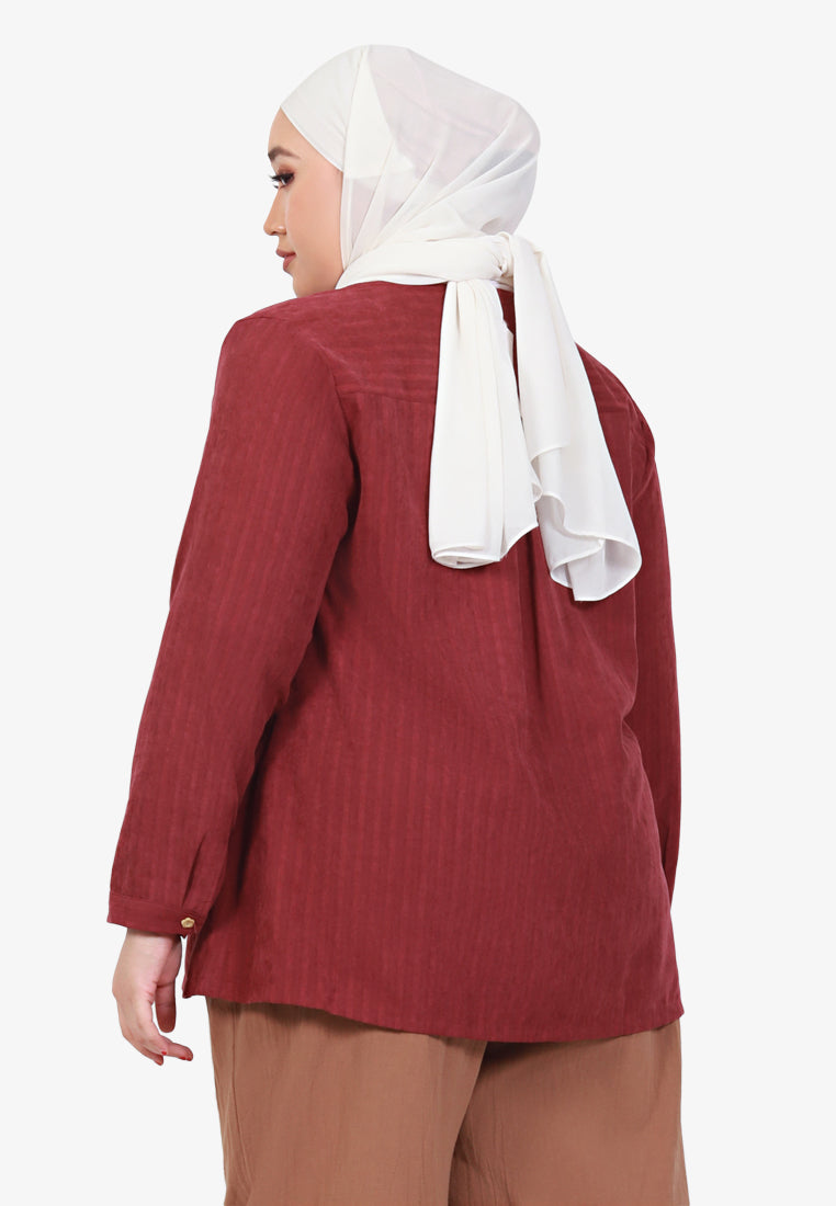 Siara Embroidery Stripes V-neck Blouse - Maroon