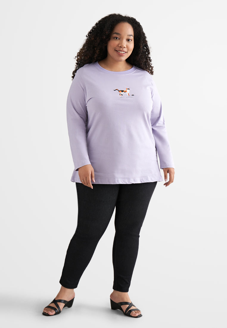 Appreciate Long Sleeve Single Jersey Graphic Tee - Purple Cat
