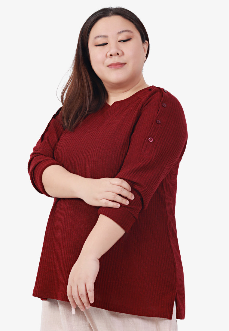 Baxter Knitted Button Vaccine-Friendly Top - Maroon