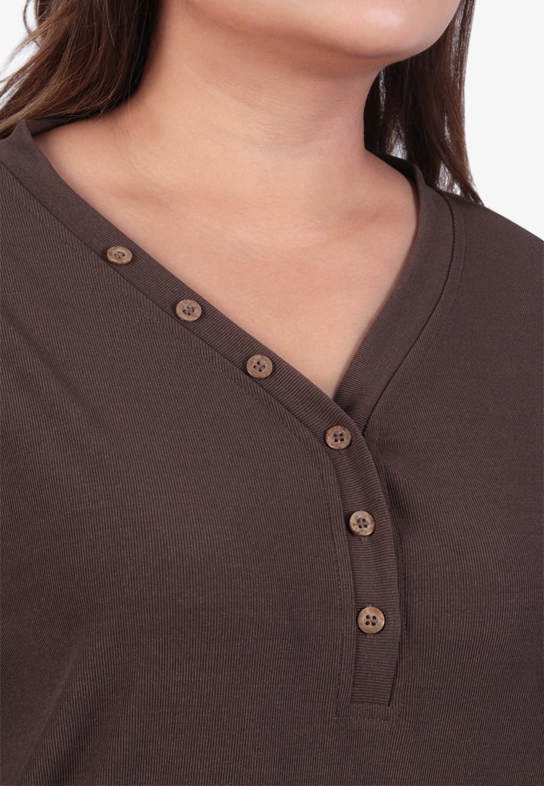 Beatricia V Neck Button Ribbed Top - Brown