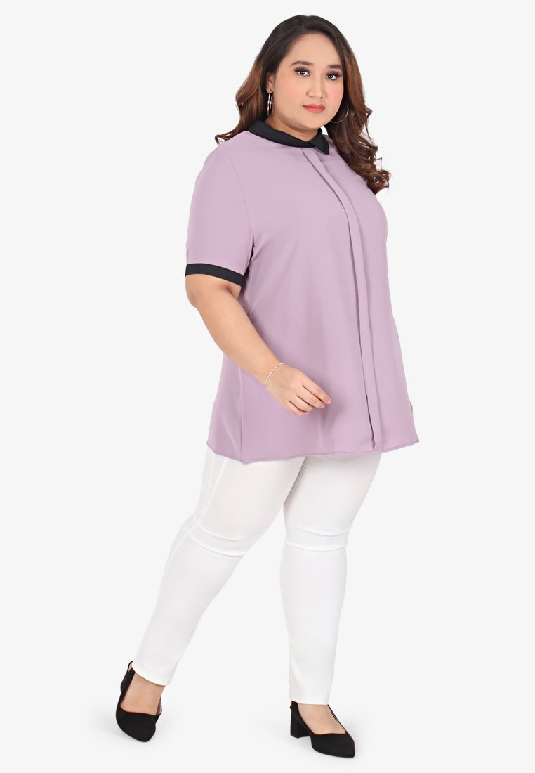 Becca Black Collar Short Sleeve Blouse - Lilac Purple