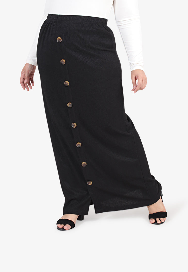 Bobby Ribbed Faux Button Long Skirt - Black