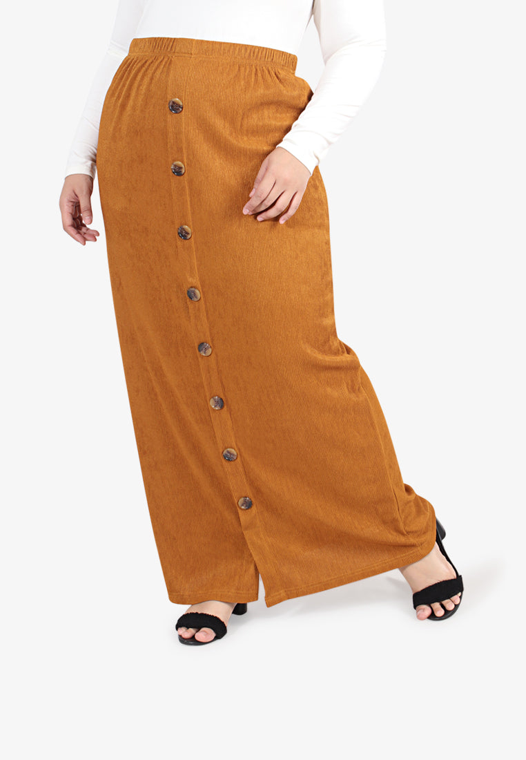 Bobby Ribbed Faux Button Long Skirt - Mustard Brown
