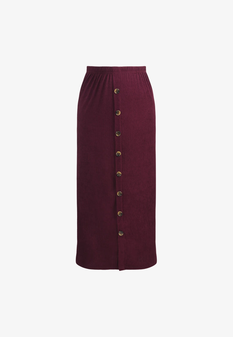 Bobby Ribbed Faux Button Long Skirt - Burgundy