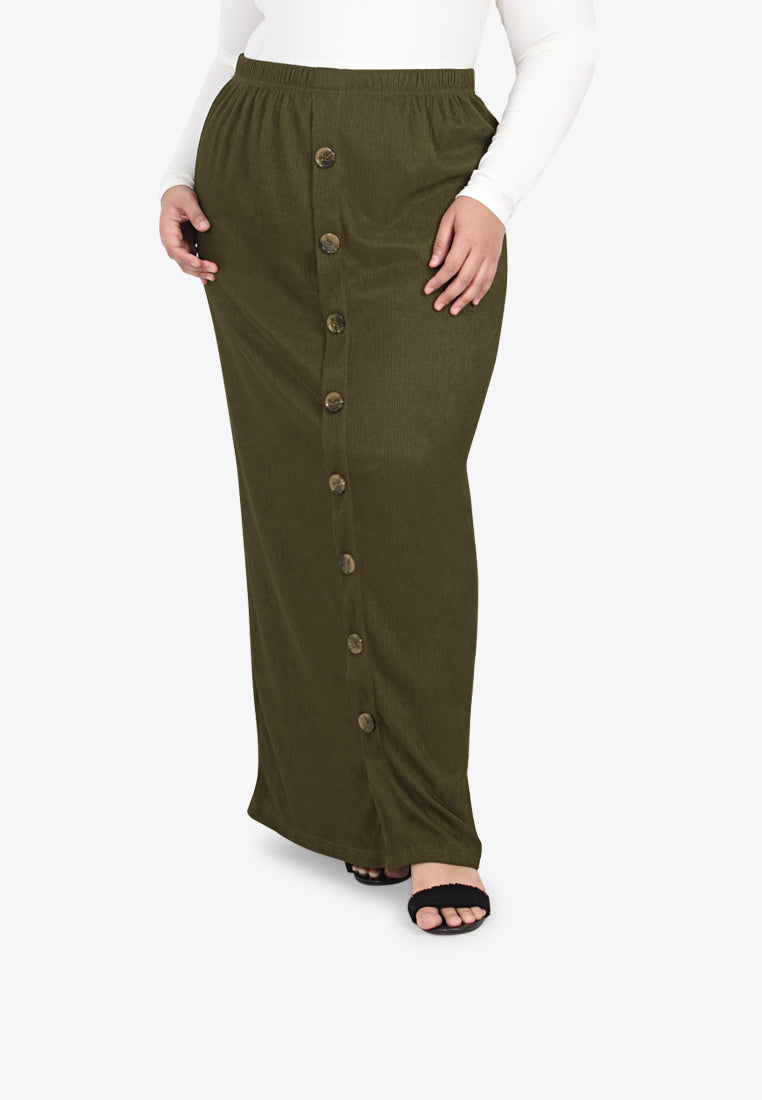 Bobby Ribbed Faux Button Long Skirt - Army Green