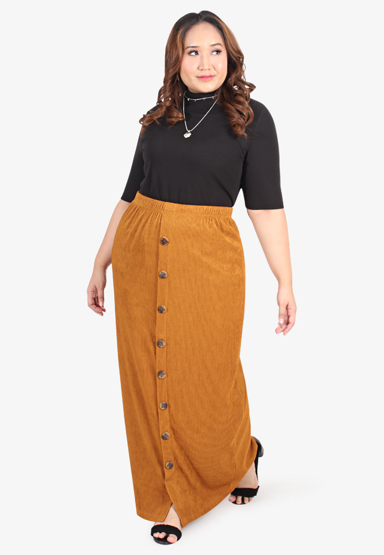 Bobby Ribbed Faux Button Long Skirt - Mustard Brown