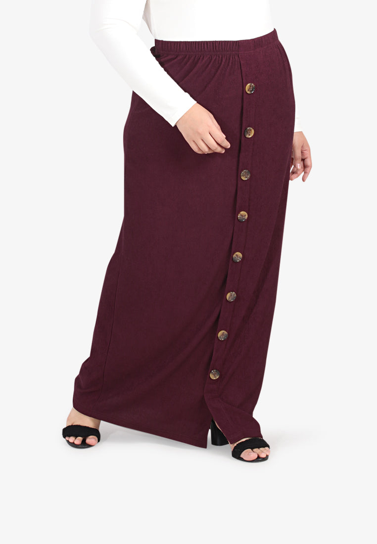 Bobby Ribbed Faux Button Long Skirt - Burgundy