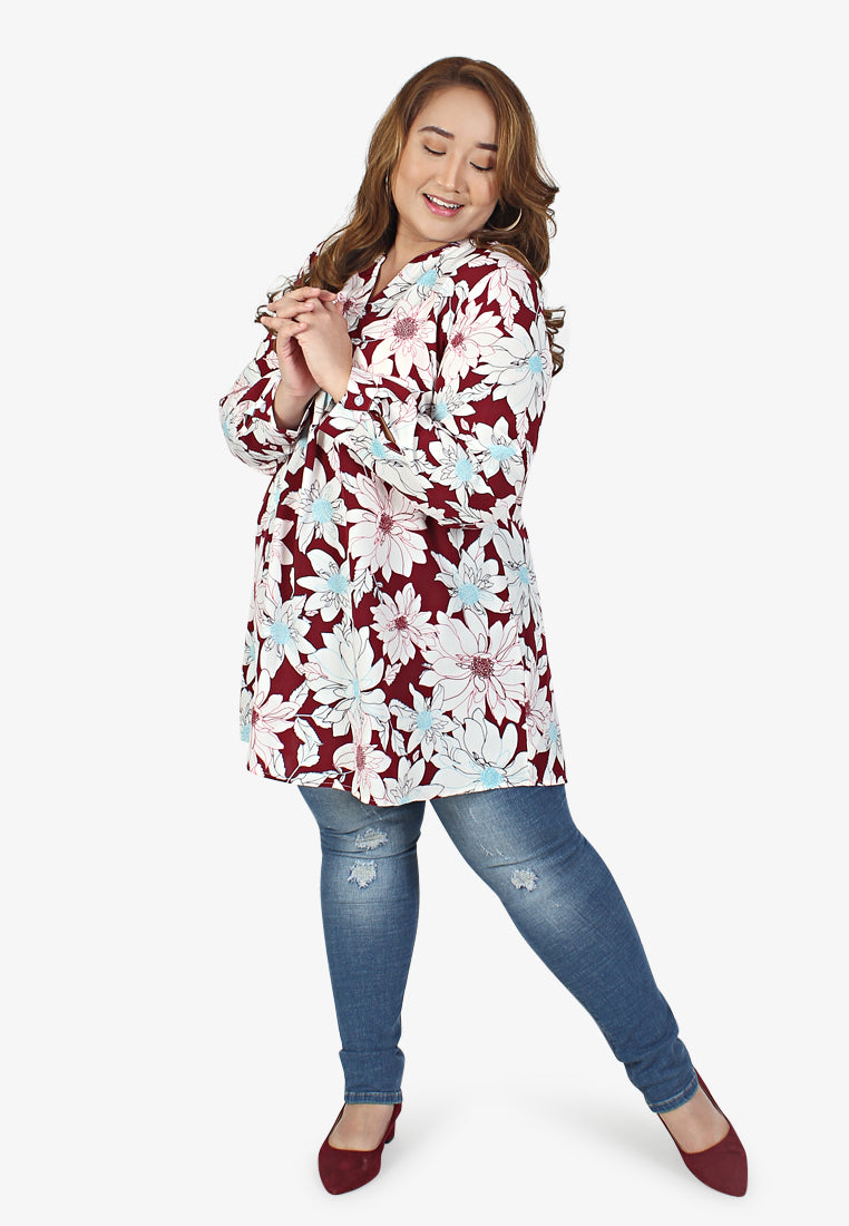 Calista Stand Collar Floral Blouse - Red