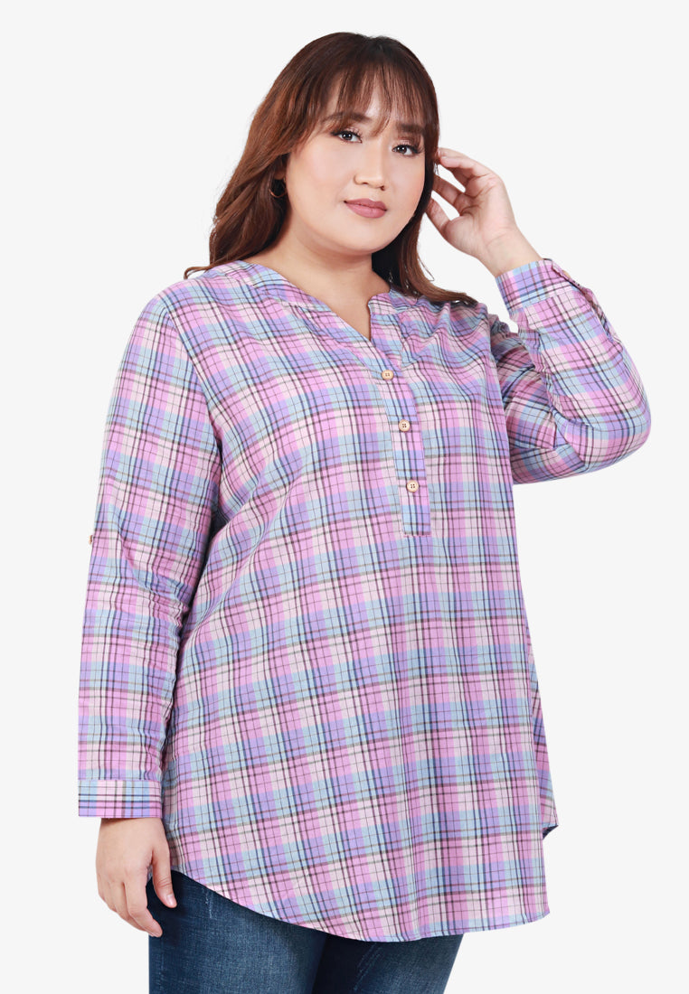 Cameron Stand Collar Checkered Blouse - Purple