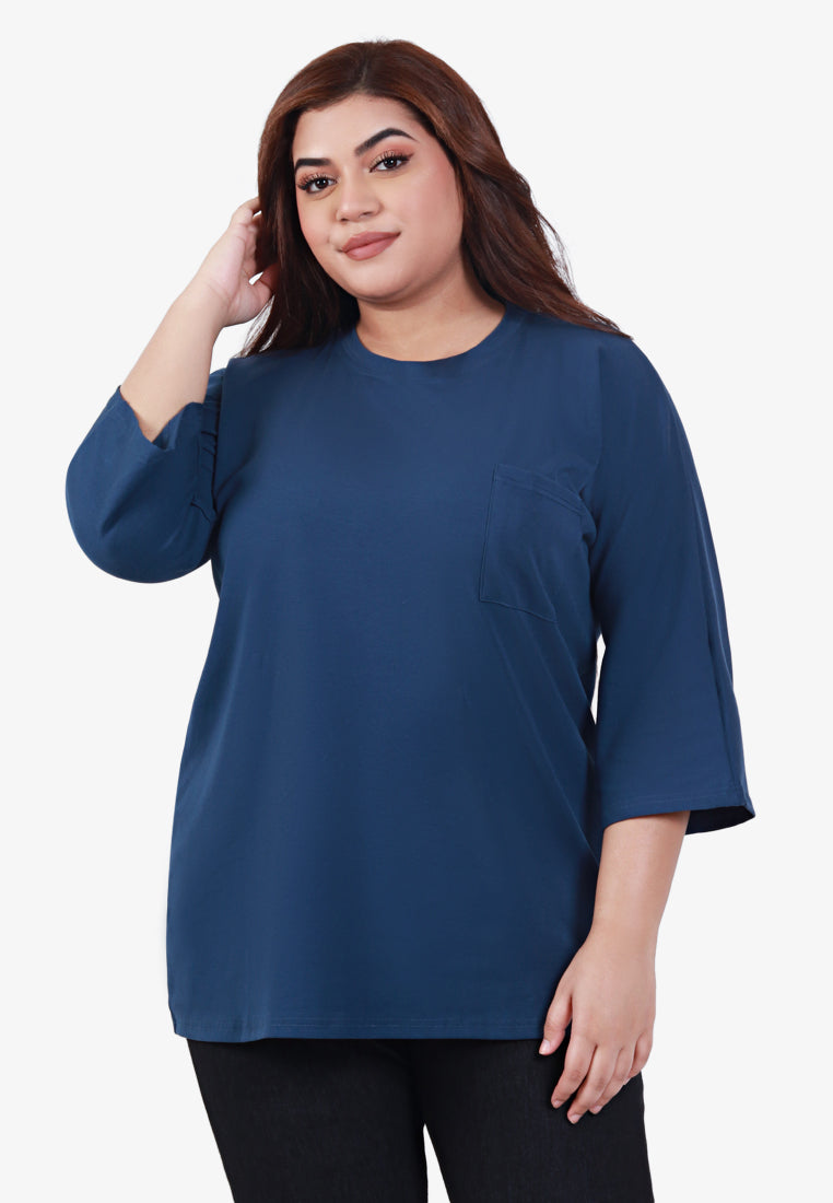 Cavina Cropped Sleeves Cotton Tee - Blue