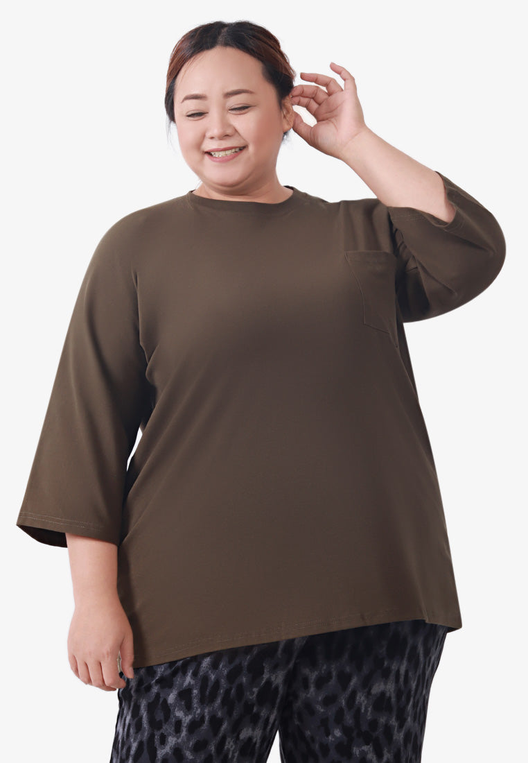 Cavina Cropped Sleeves Cotton Tee - Olive Brown