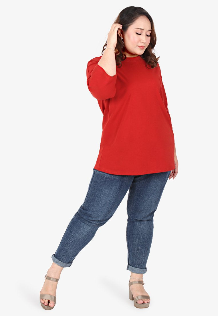 Cavina Cropped Sleeves Cotton Tee - Brick Red
