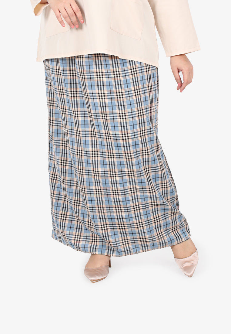 Cesaria Long Checkered Straight Cut Skirt - Light Blue