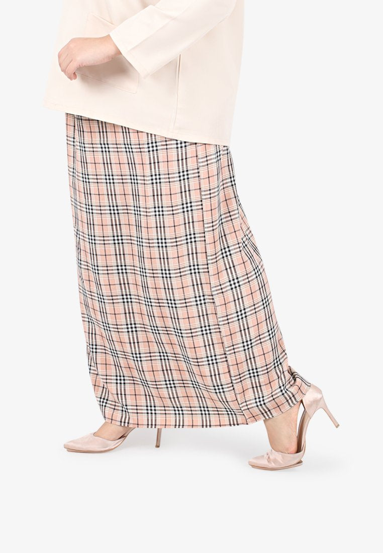 Cesaria Long Checkered Straight Cut Skirt - Peachy Pink