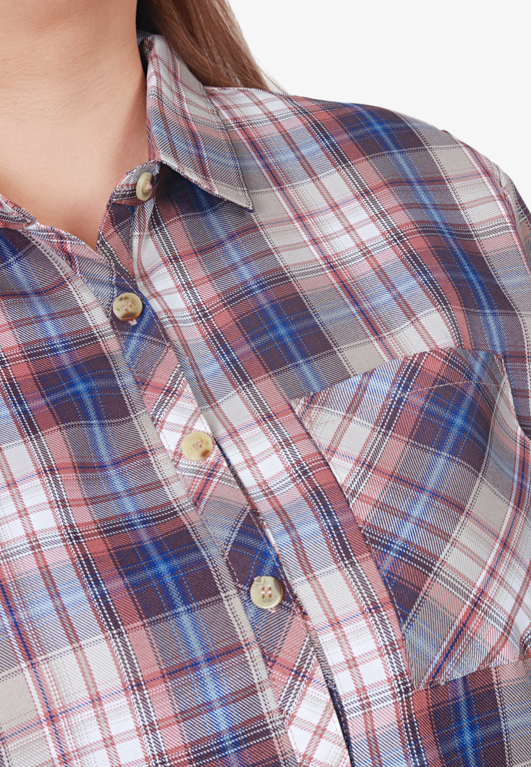 Cheara Checkered Half Button Shirt - Blue