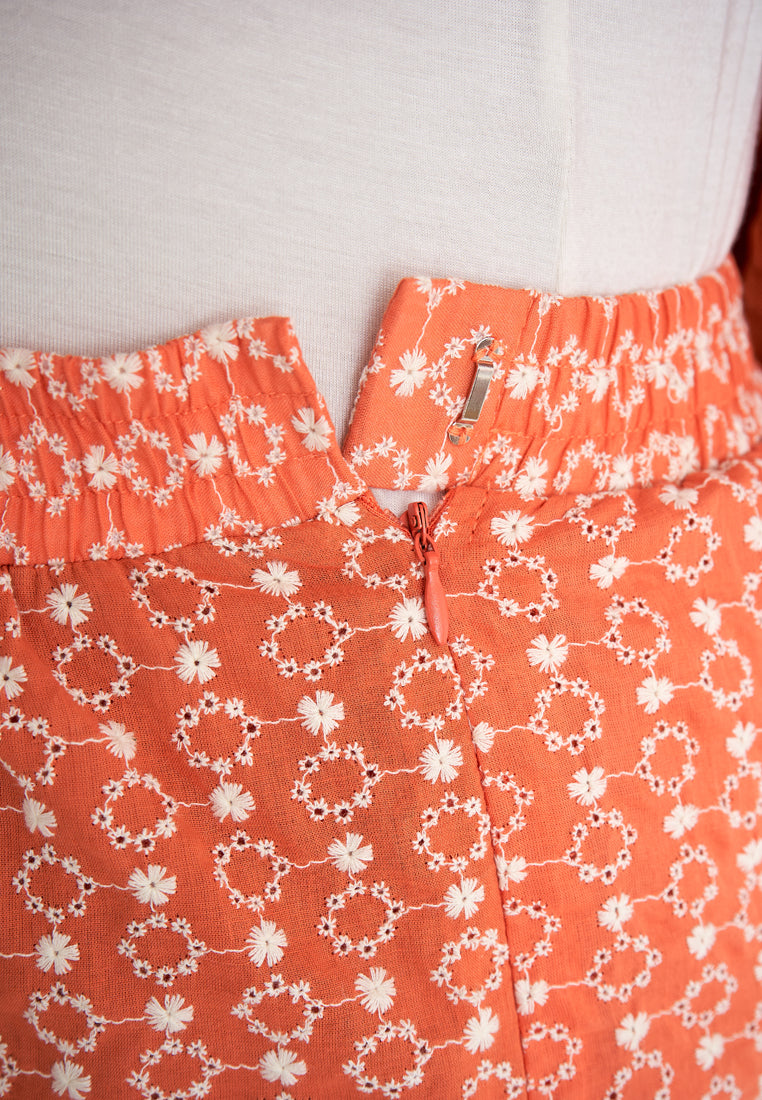 Elmira Cotton Embroidery Eyelet Kurung Pahang Set - Orange