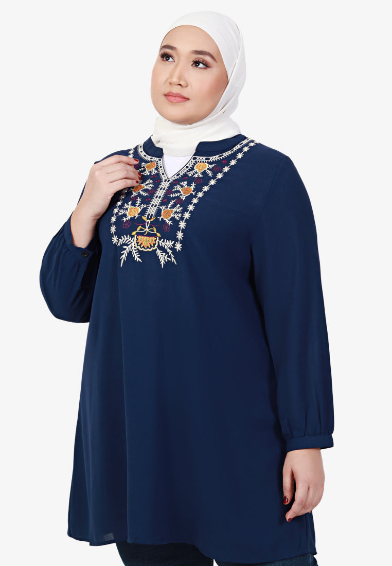 Emanie Embroidery Long Tunic Top - Blue