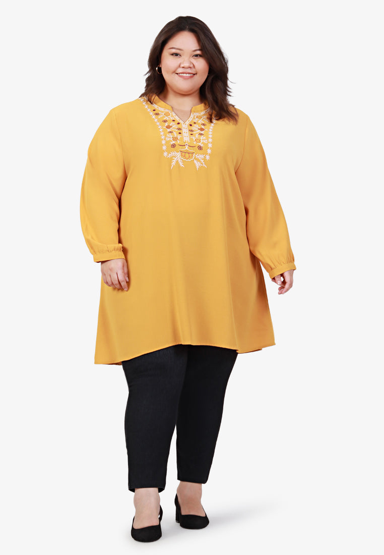 Emanie Embroidery Long Tunic Top - Yellow