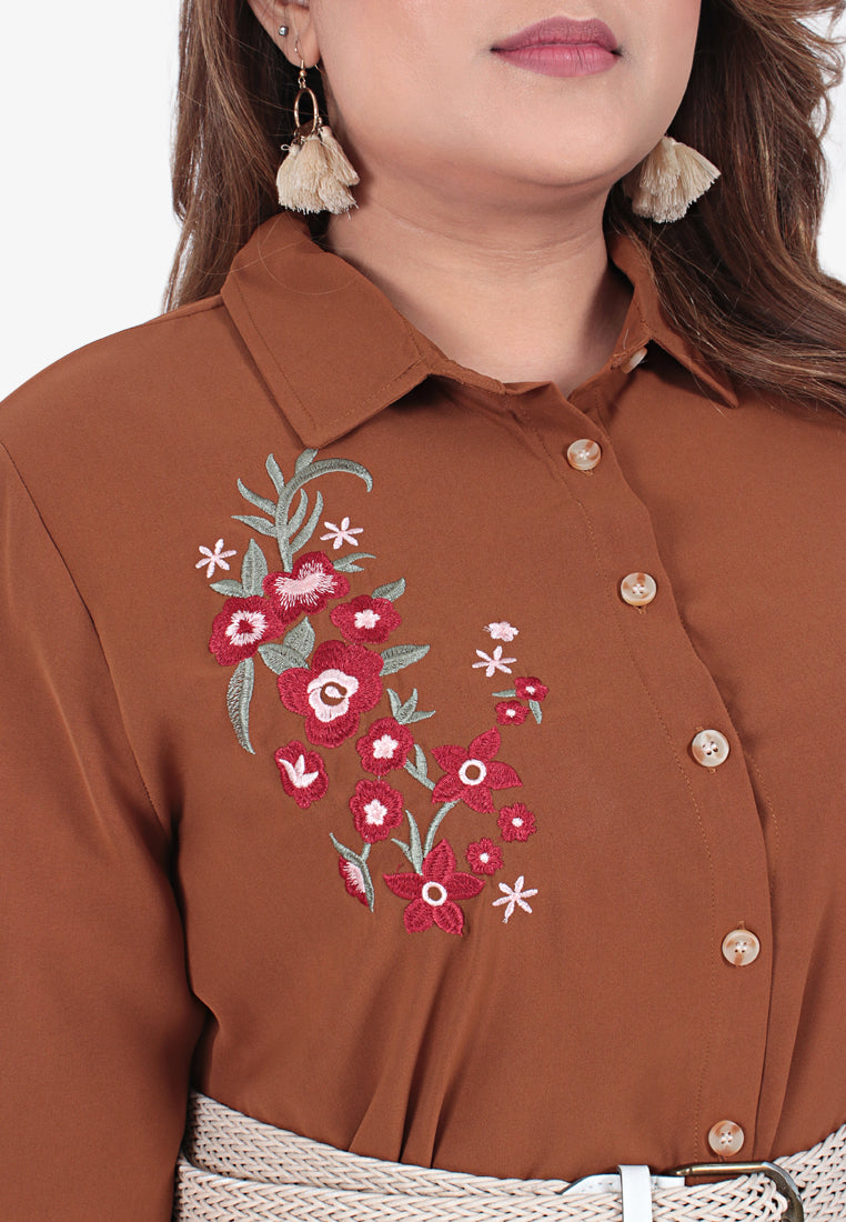 Emberlain Embroidery Button Up Shirt - Sepia Brown