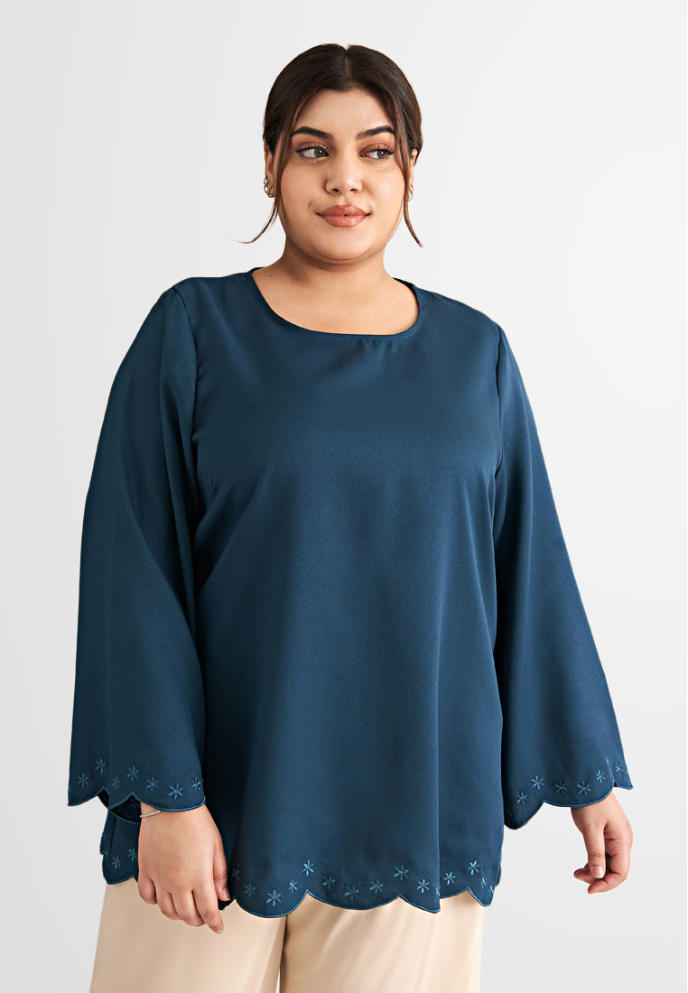 Erica Scallop Embroidery Edge  Blouse - Teal