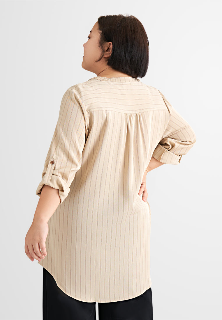 Eva Embedded Striped Stand Collar Tunic Top - Light Brown