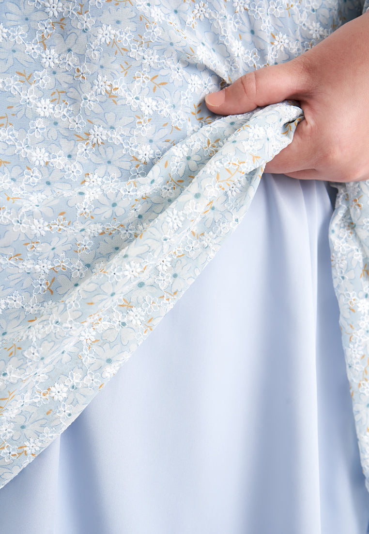 Faerie Floral Embroidery Chiffon Kurung Pahang Set - Light Blue