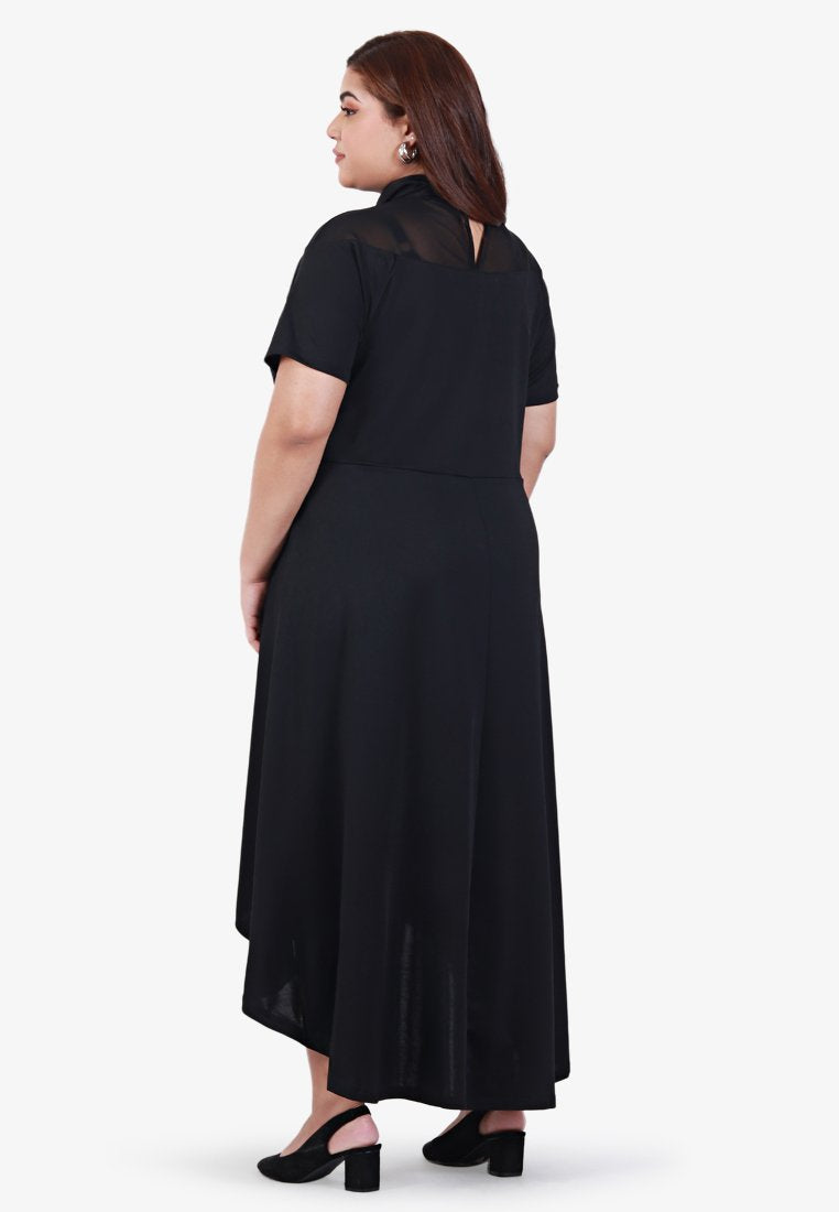 Fiona Asymmetrical Mesh Short Sleeve Dress - Black