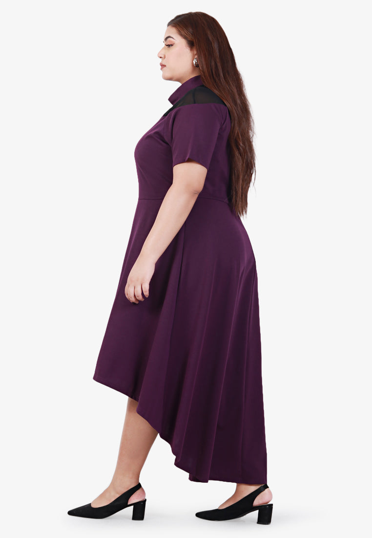Fiona Asymmetrical Mesh Short Sleeve Dress - Purple