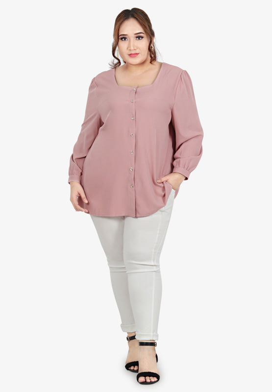 Frenchie Square Neck Button Blouse - Pink