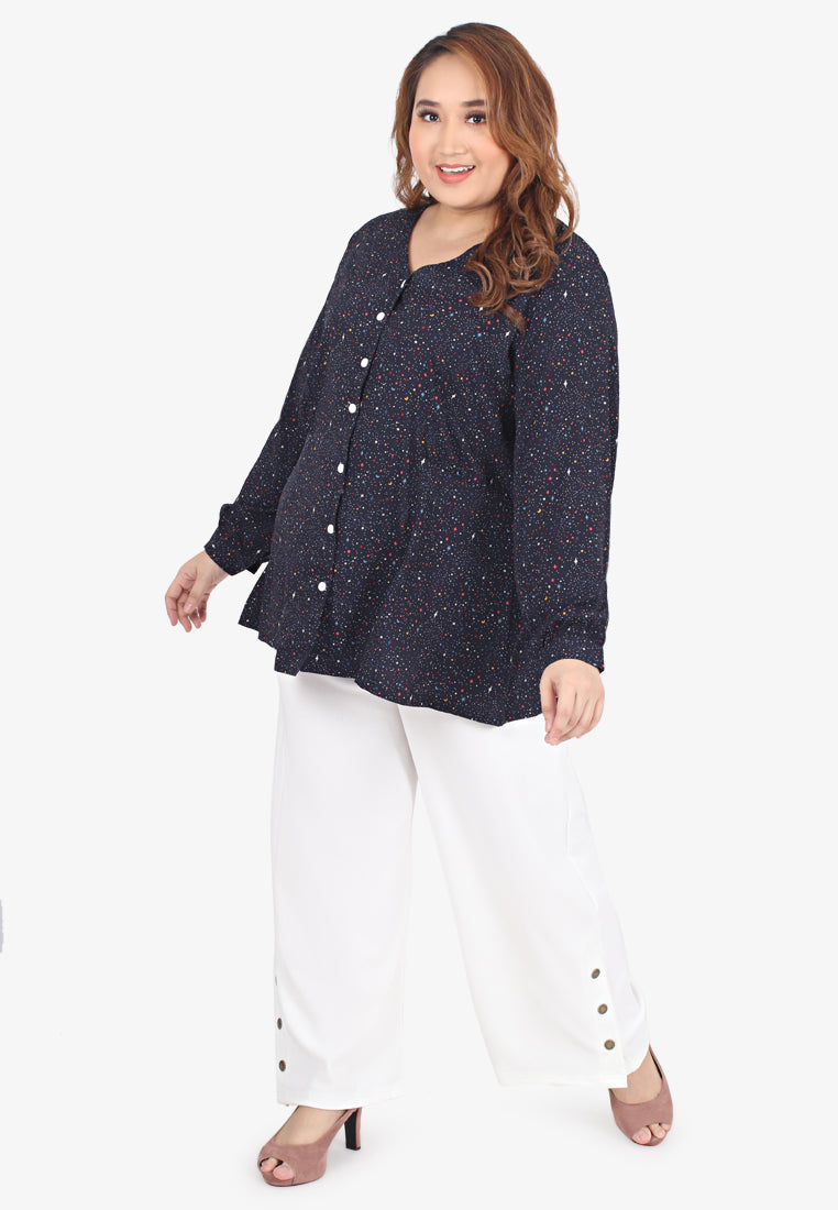 Galaxie Outerspace Prints V-neck Button Blouse - Midnight Blue