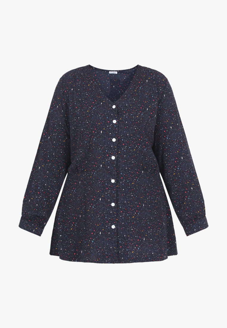 Galaxie Outerspace Prints V-neck Button Blouse - Midnight Blue
