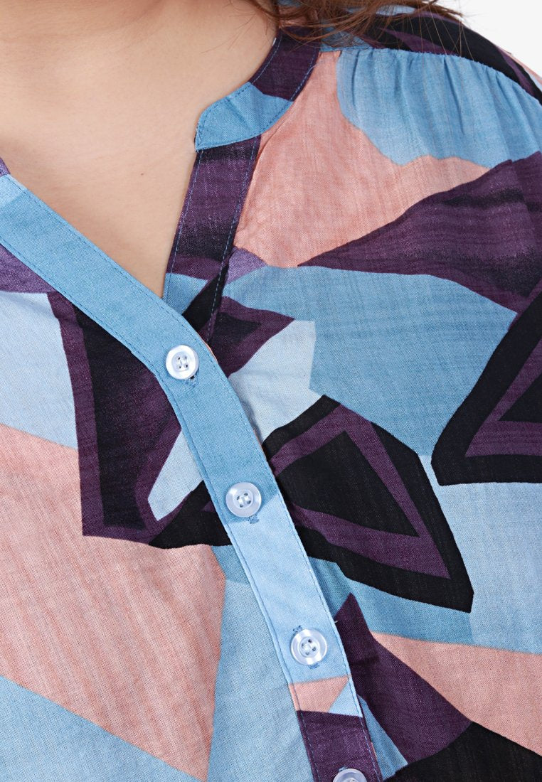 Greta Half Button Collarless Shirt - Blue Mix Shapes