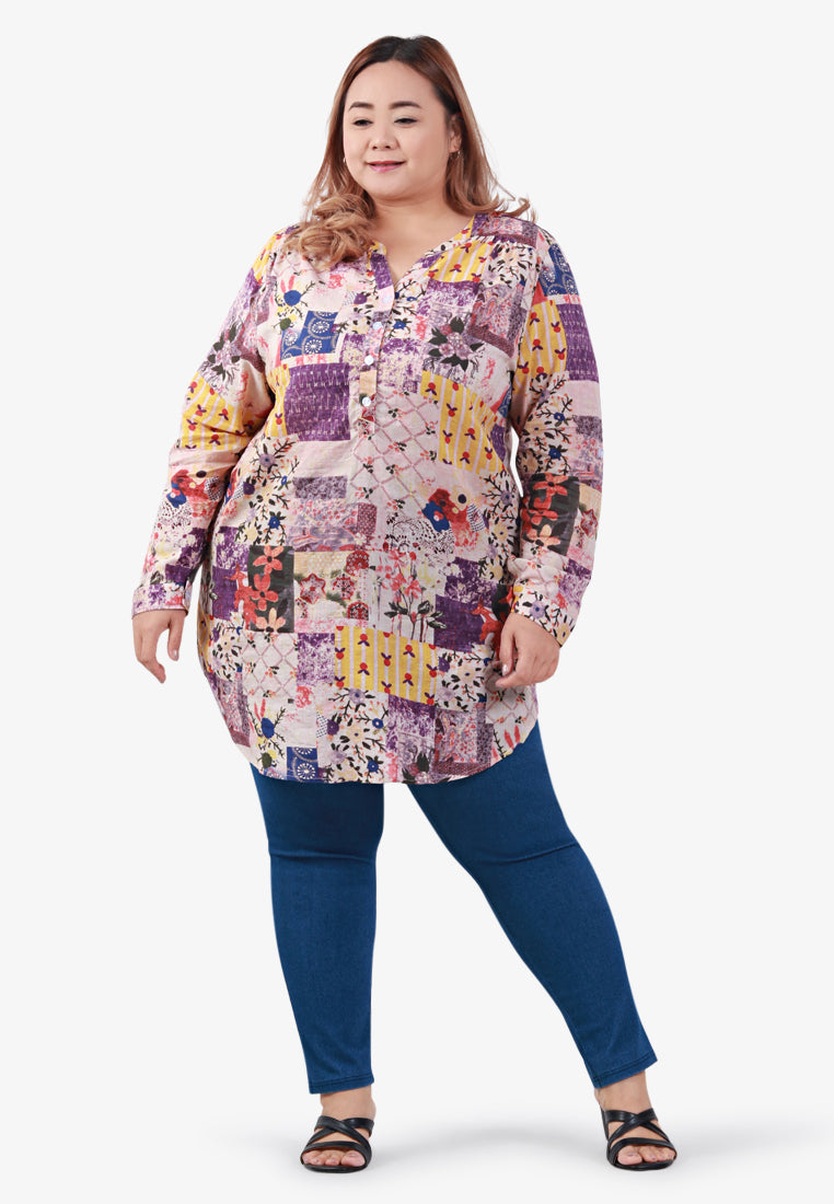 Greta Half Button Collarless Shirt - Purple Patchwork