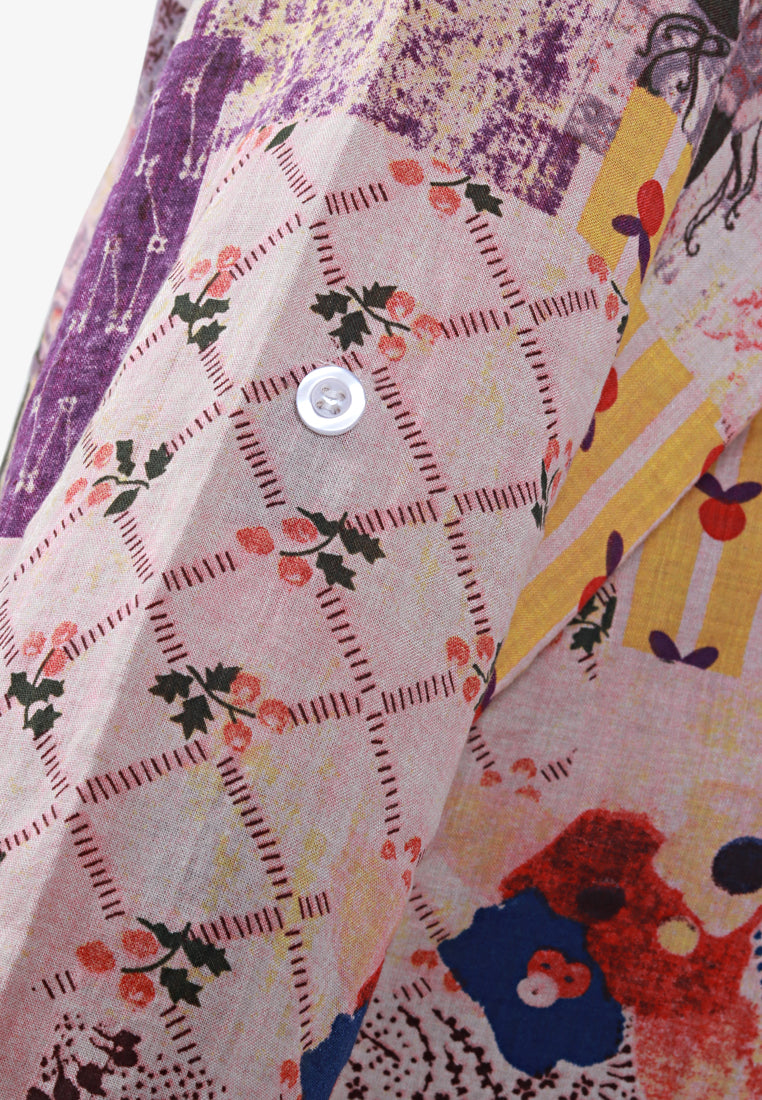 Greta Half Button Collarless Shirt - Purple Patchwork